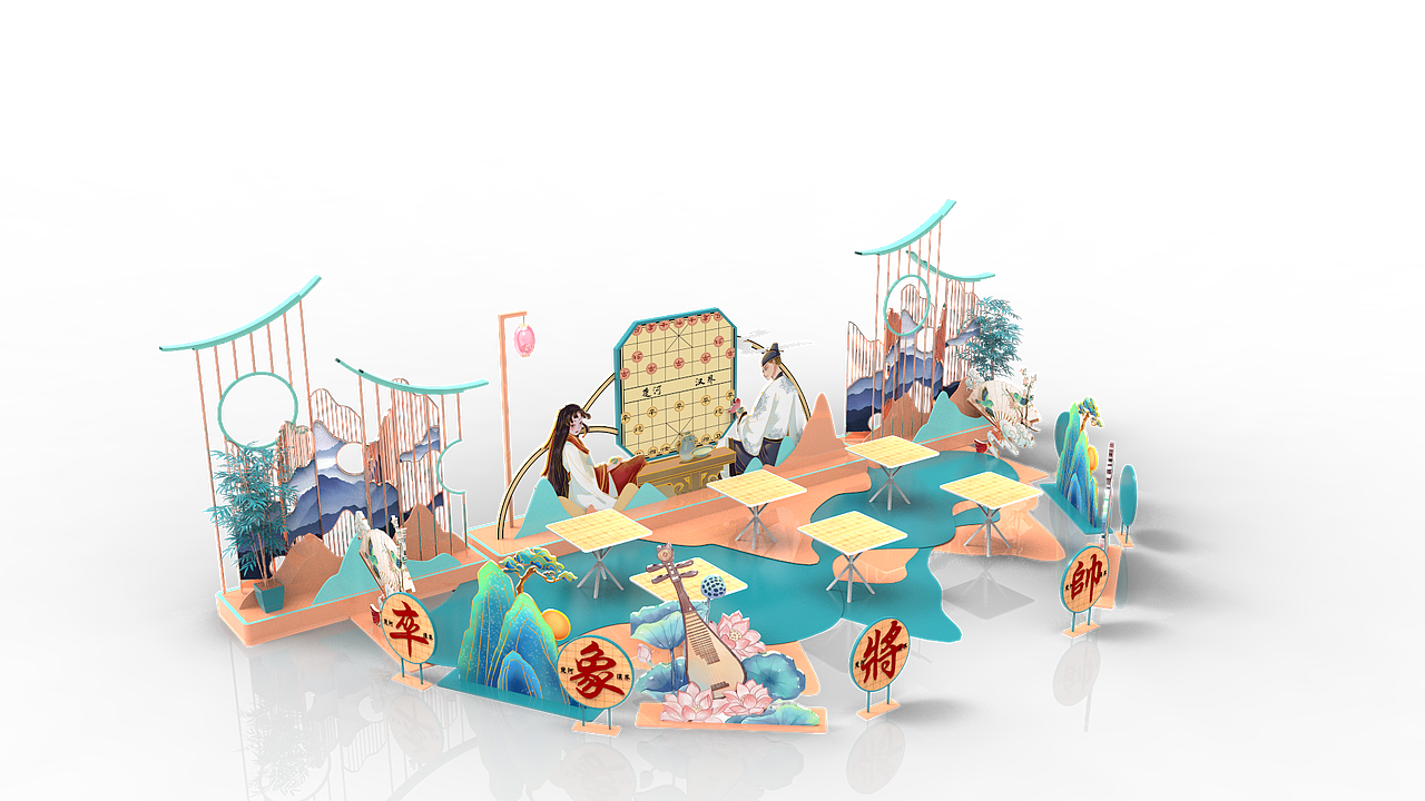 国潮风围棋美陈活动氛围布置