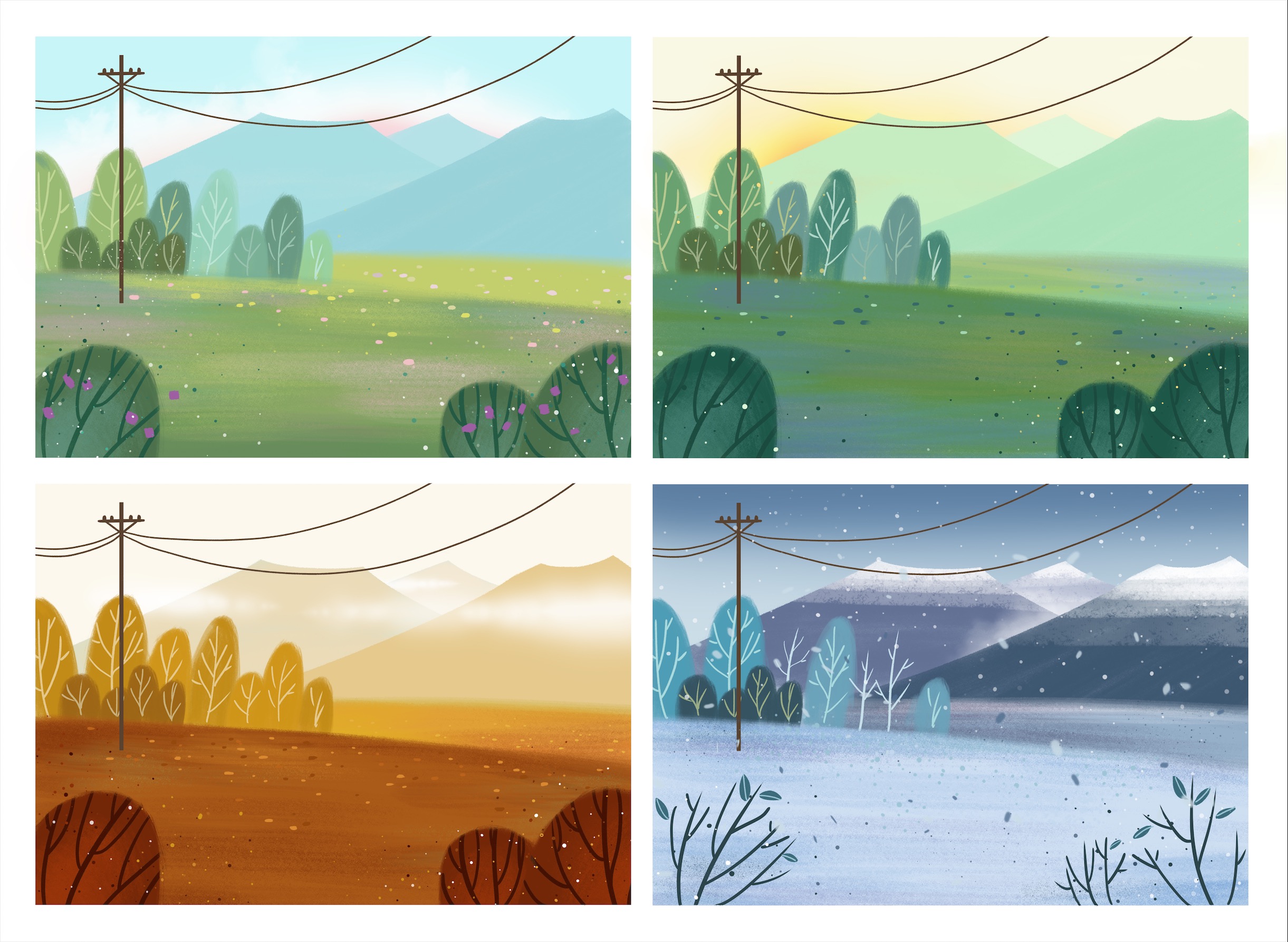 春夏秋冬的四幅水彩画图片