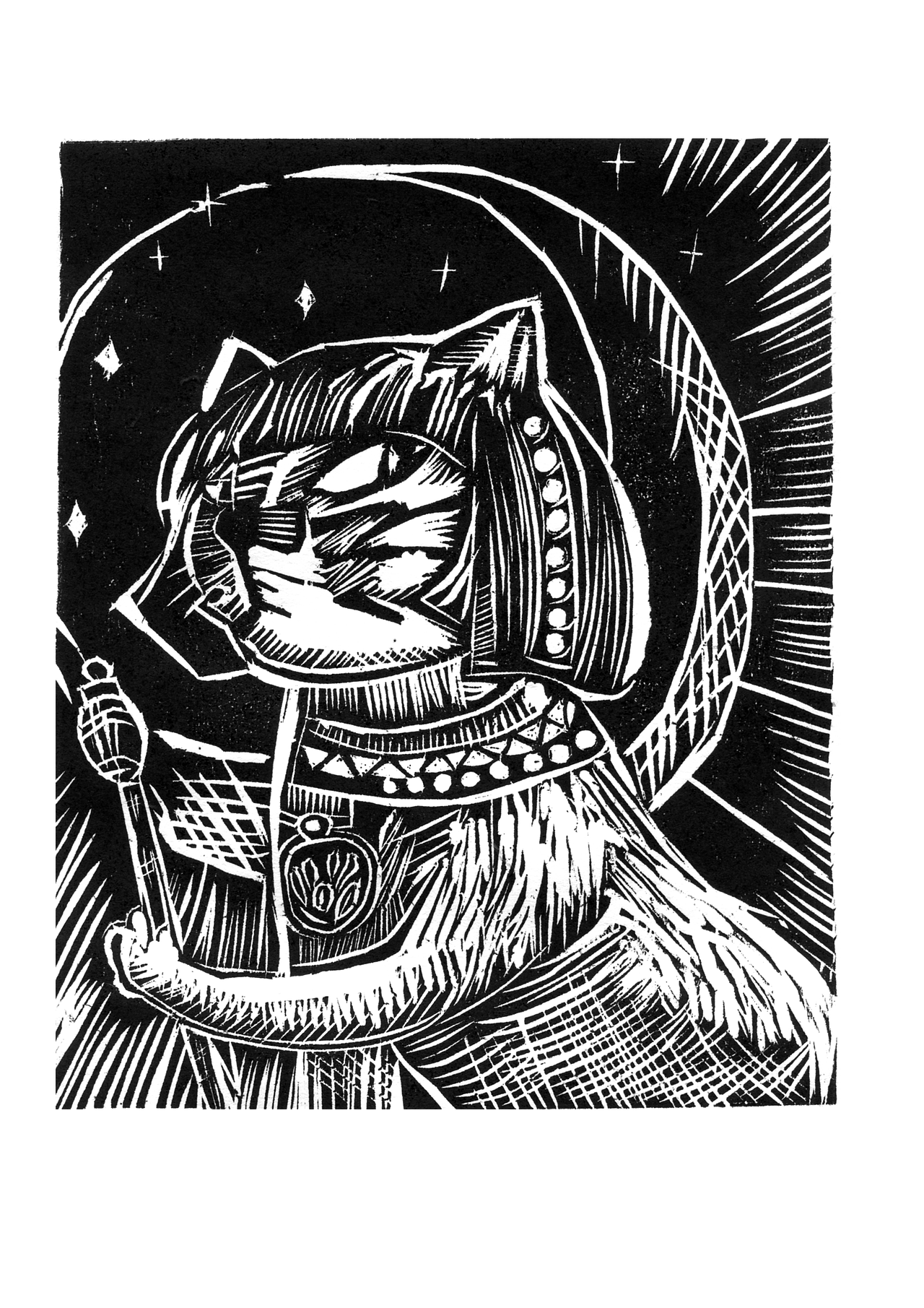 《巫师喵》  黑白木刻《双面喵》   黑白木刻黑白木刻版画创作45粉丝