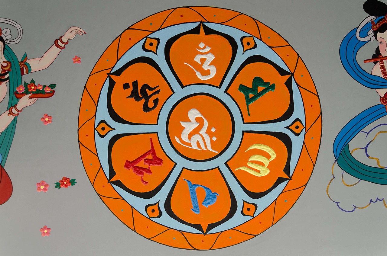 唵 为白色,象征本尊之智慧,属于布施波罗蜜,能除傲慢心;白色之平等性