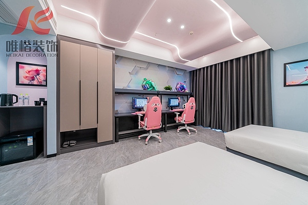 电竞酒店粉色大床房,重庆电竞酒店装修,重庆电竞酒店设计,电竞主题