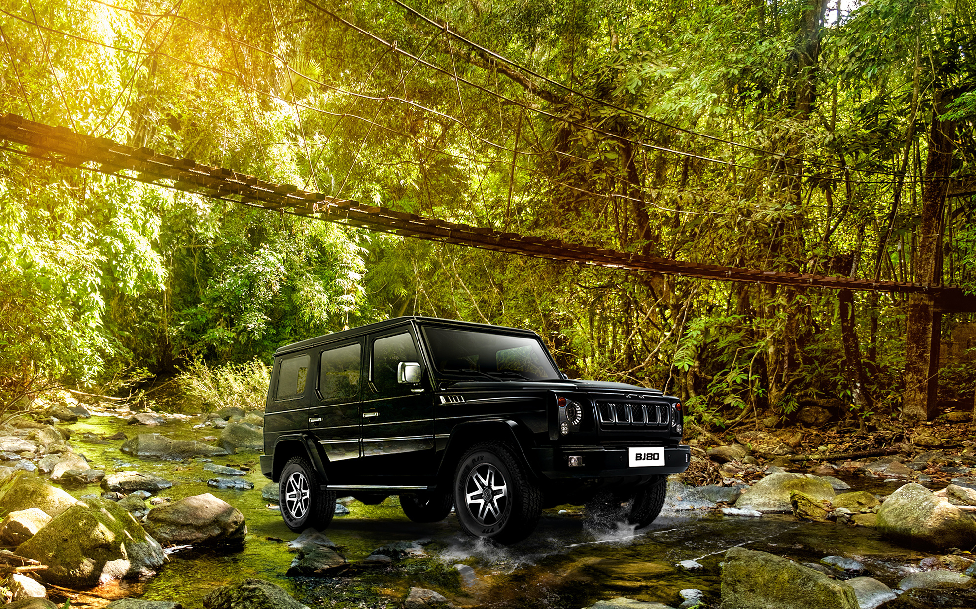 北汽汽车海报创意汽车 天空 绿地 山 石头树花草 森林