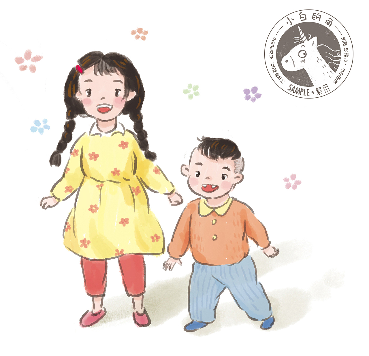 根据文字设计了姐弟俩的人物造型，质朴的小朋友~