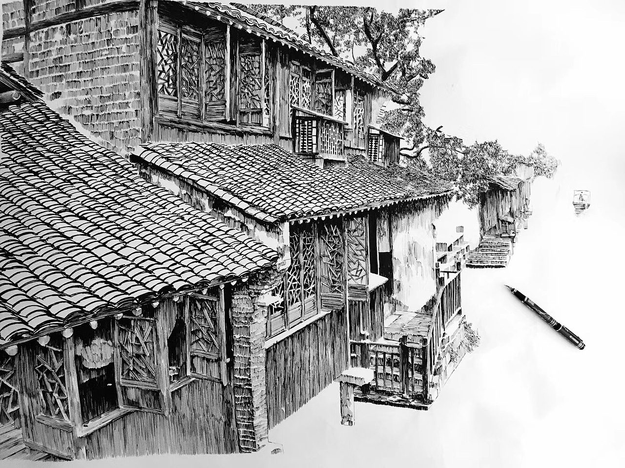 钢笔画江南水乡
