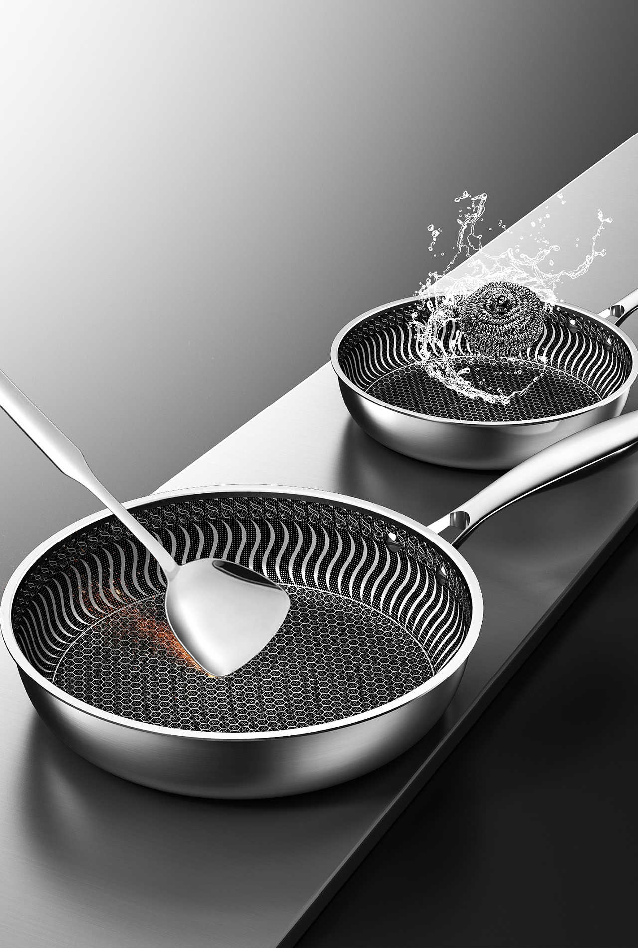 不锈钢厨具渲染煎锅蒸锅煮锅