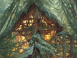 #站酷梦笔#梦幻的森林小屋 屋外是一颗巨大的圣诞树 点