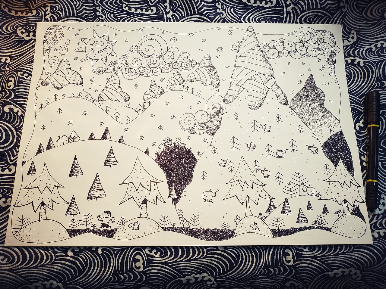 手绘练习黑白线描风景装饰画