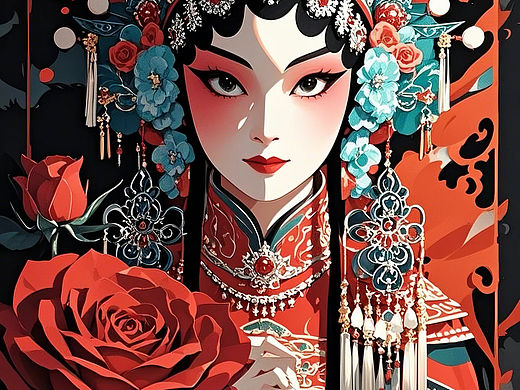 花旦与玫瑰的相遇（个人主页-ZNzE1MzUxMzI=） - AI作品 - 站酷设计师史楠驰原创素材 - 站酷ZCOOL