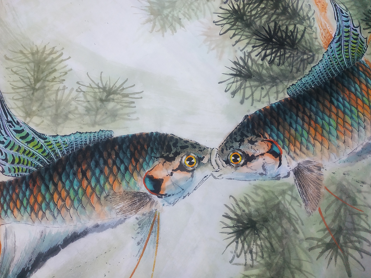 李旭东国画斗鱼《嘬蕊》