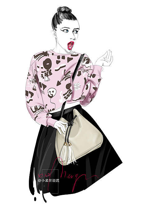时装画 女子与包