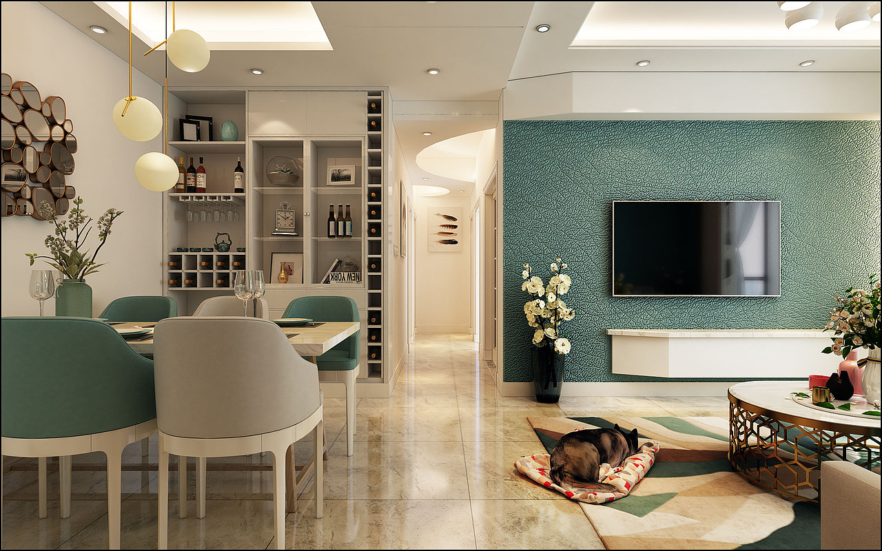 现代清新蓝绿色北欧风格效果图|空间|家装设计|张美丽效果图 - 原创