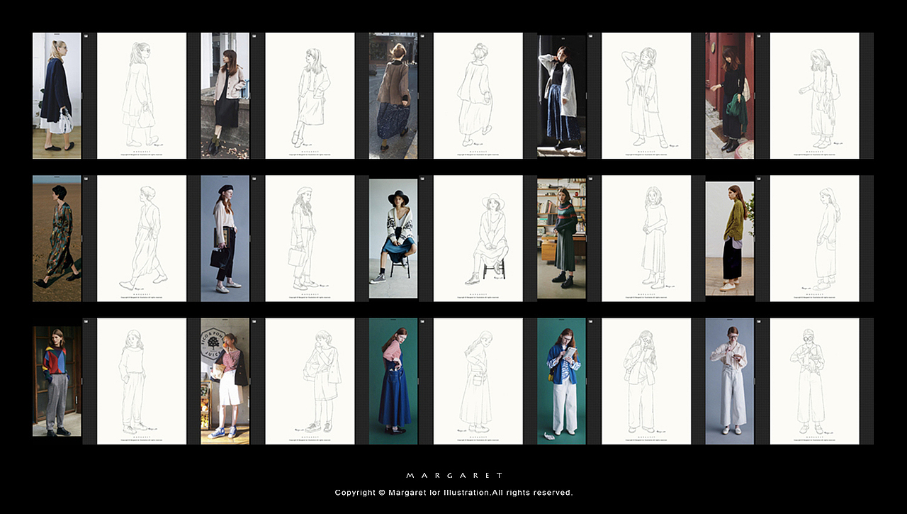 ▲30GRILS SKETCH I (01-15) 参考图与勾线对比. 详见微博(margaret-lor) 已发布的推文.