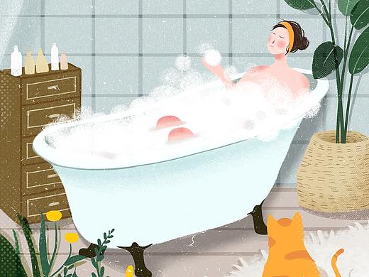 泡澡女孩浴室场景插画