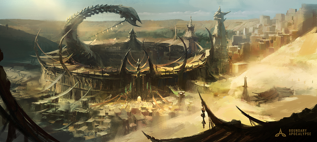 《边际启示录-星降》：巨大螺旋状的“时之狭间”斗技场——这座古老的斗技场仿佛是一场灾难性的沙尘龙卷被停止了时间，静静坐落在塔尼亚，散发着毁灭的威压。