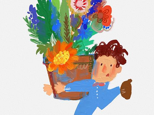 抱着盆栽的男孩