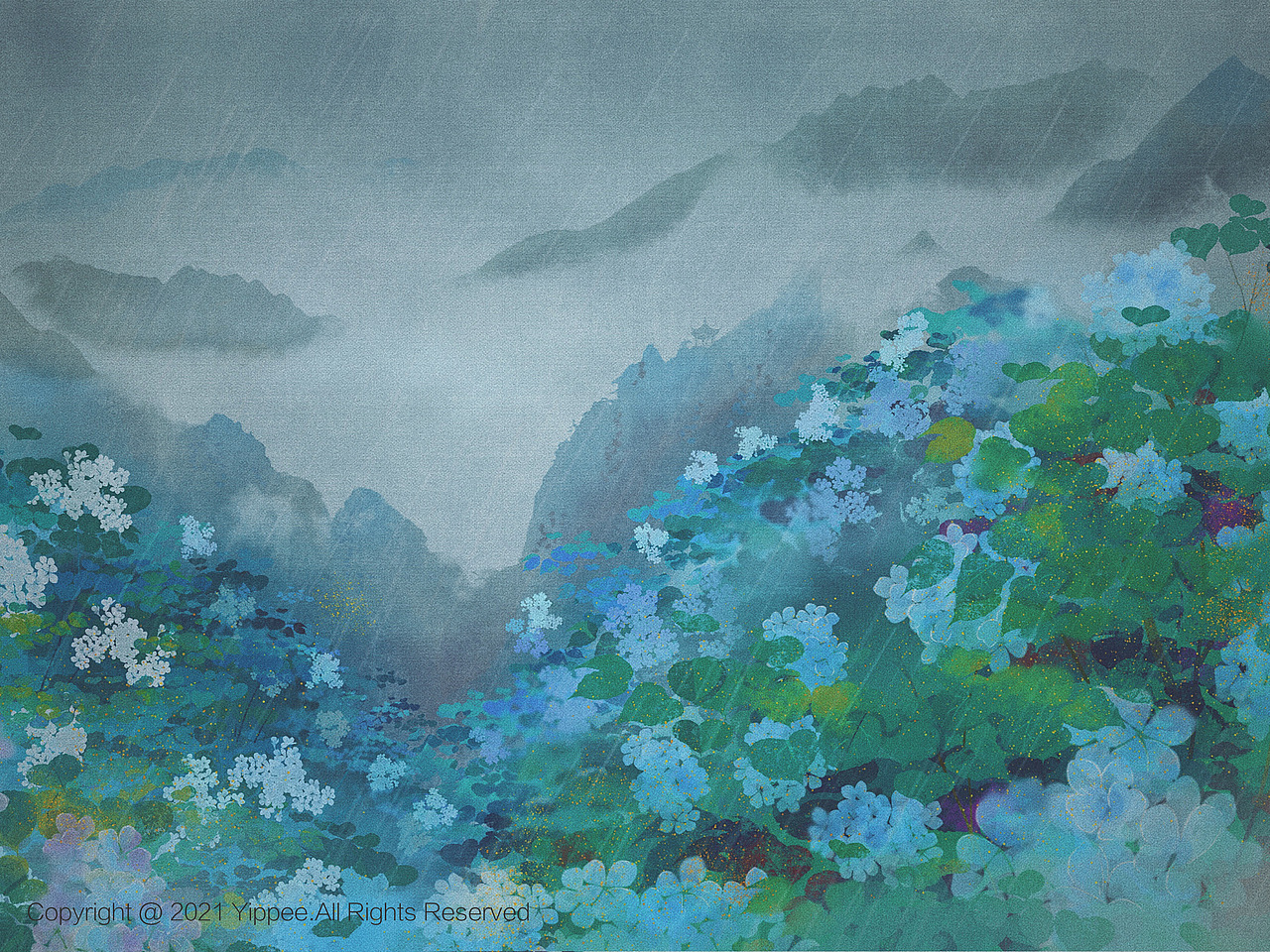 古风插画远山听雨