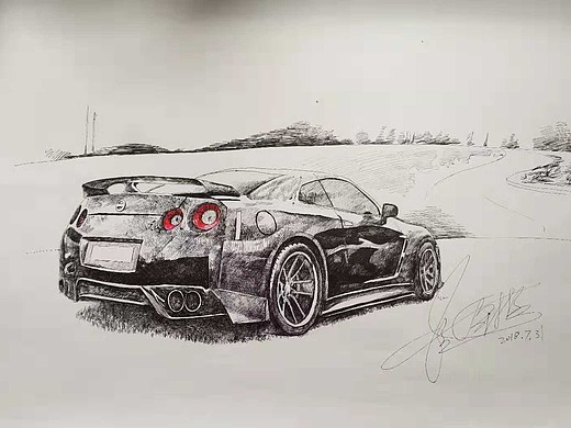 钢笔画_战神-gtr r35