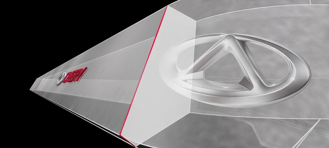 设计元素
展台主体造型的纵截面参考了奇瑞新标识。<br>中非常显著的钻石形立体三角造型。<br>奇瑞精神与展台造型融为一体。