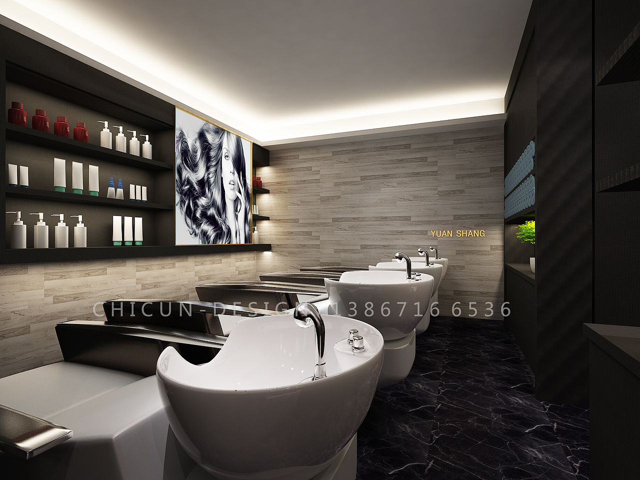 尺寸设计|圆尚理发店现代风空间设计 发廊设计效果图