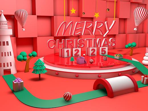 C4D作品——红色圣诞节场景