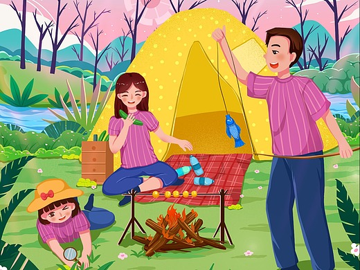 家庭夏令营郊游露营插画