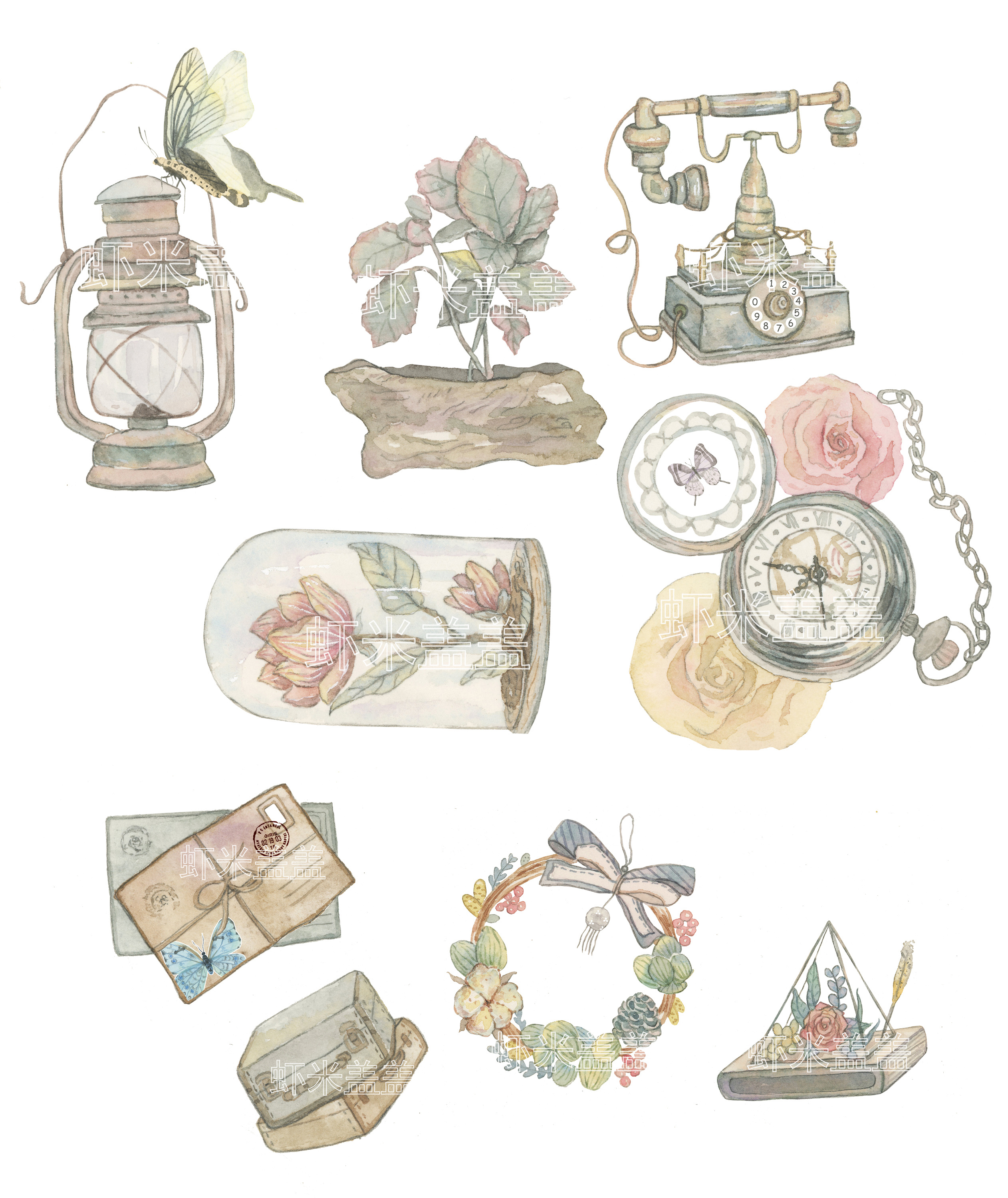 一组复古水彩物体手绘插画