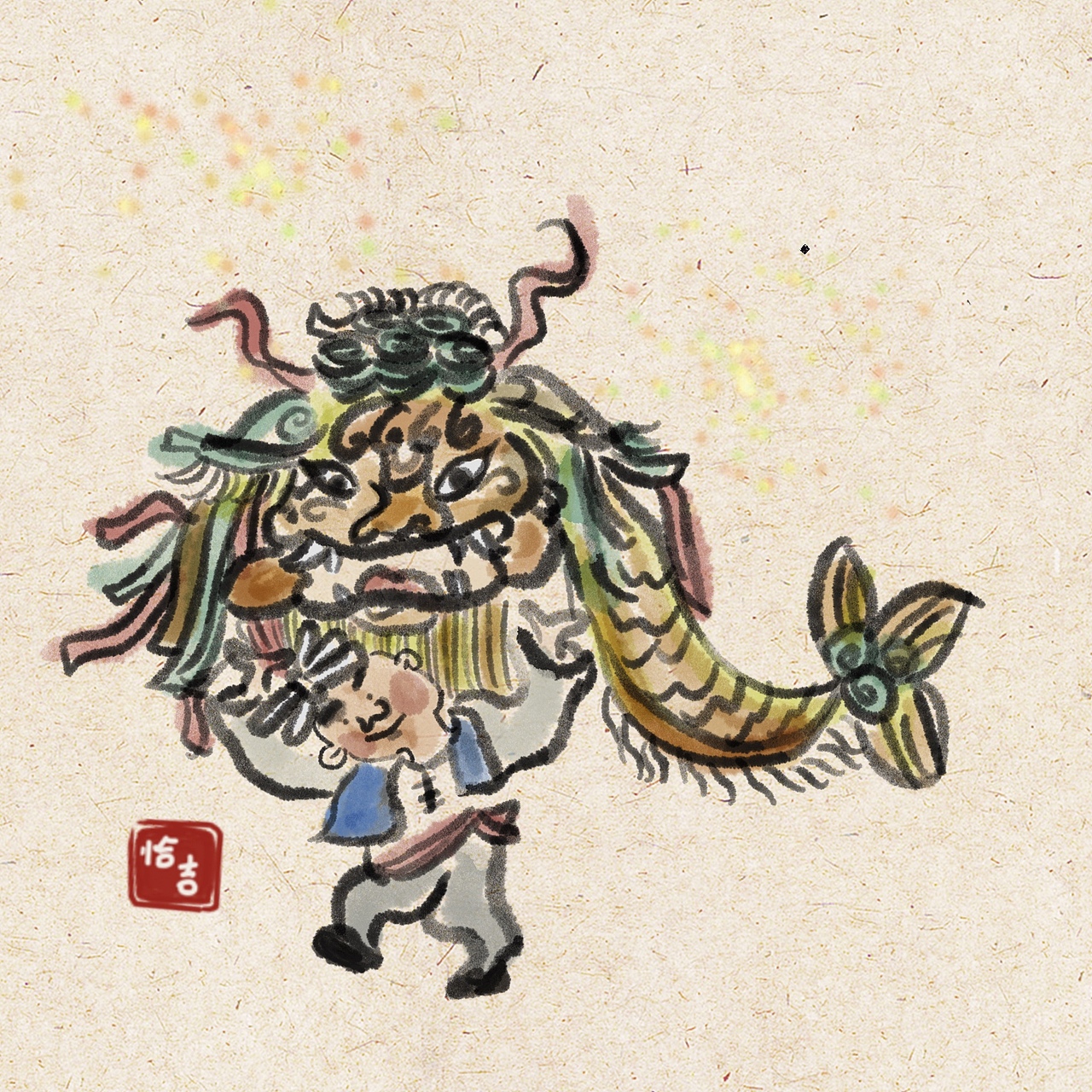 水墨风格插画《舞狮》