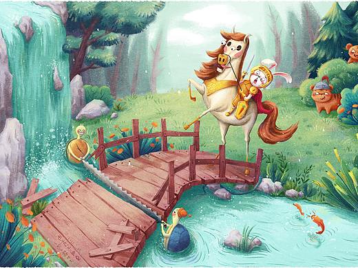 绘本风插画~兔子骑士~哈哈危机四伏~前有乌龟后有虎