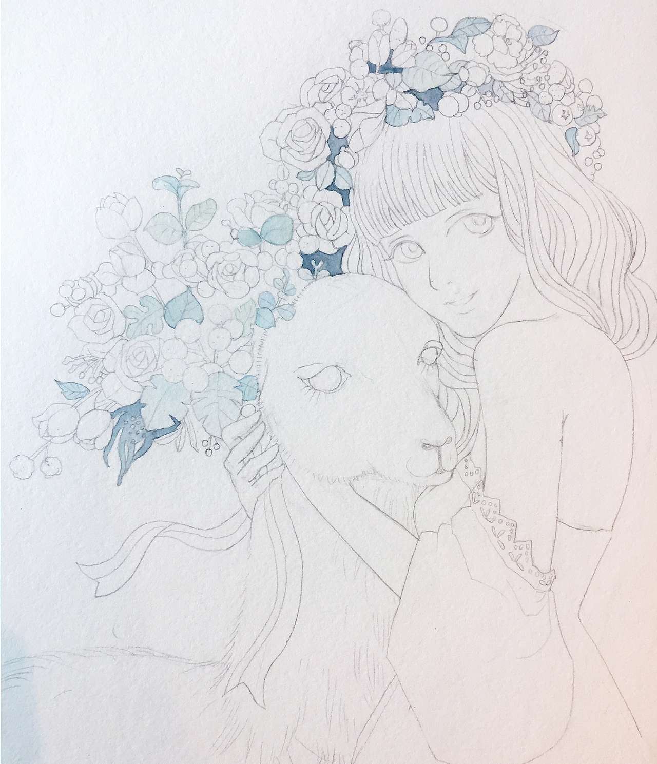 水彩插画 花卉 女孩