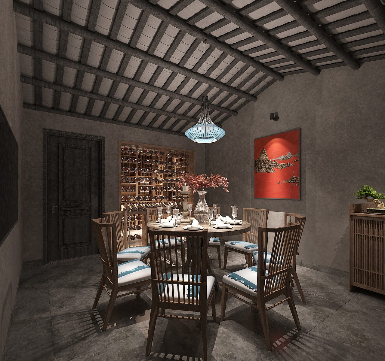 光面细腻的大理石与水泥墙,原始、朴实,让心得以回归最初的简单。一抹出挑的红色山水挂画,淡蓝的吊灯,点亮空间。