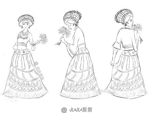 手拿三七花的苗族少女插画（线稿）