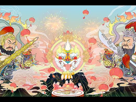 国潮风新年年夜饭-门神插画设计
