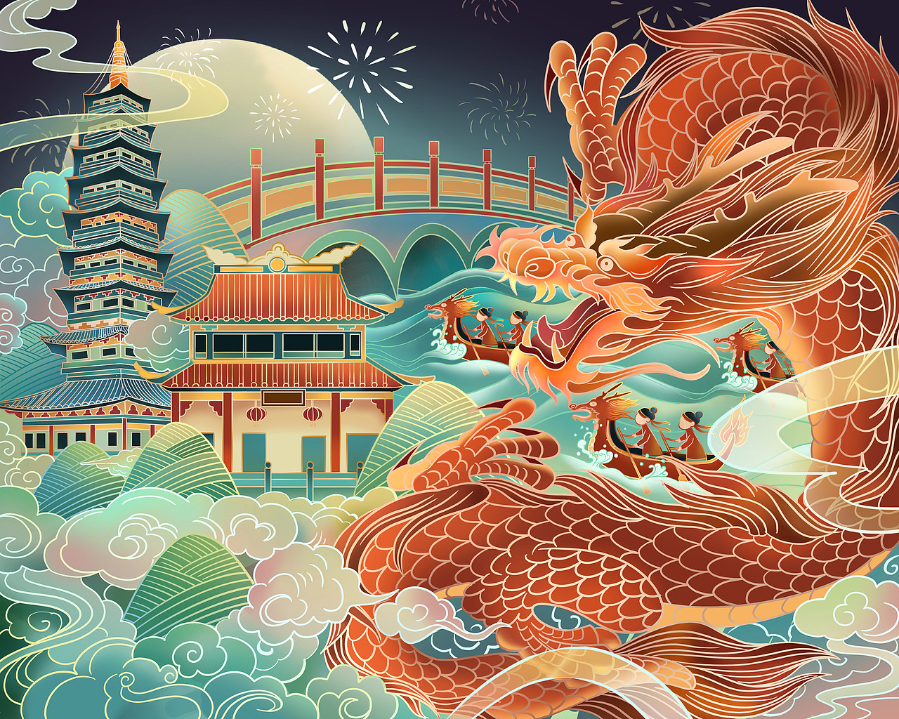 端午节龙舟国潮风格插画