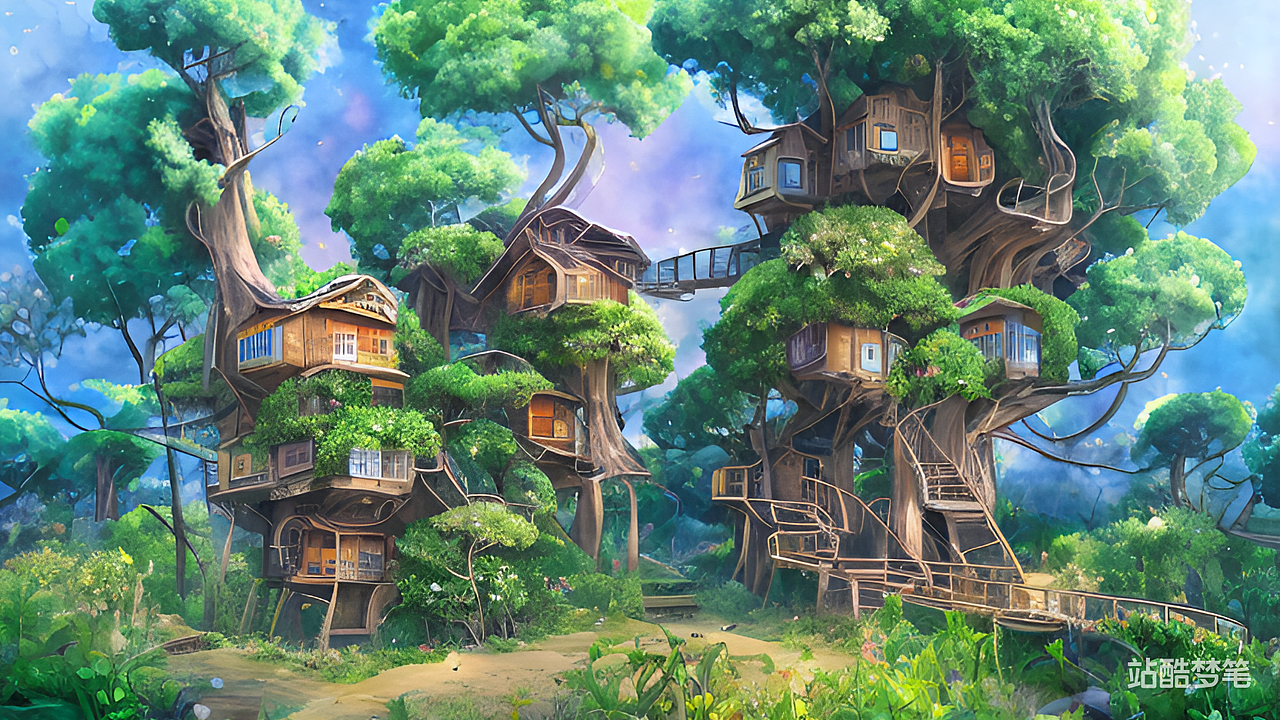 #站酷梦笔#被植物围绕的树屋,水彩画,虚幻引擎,插画