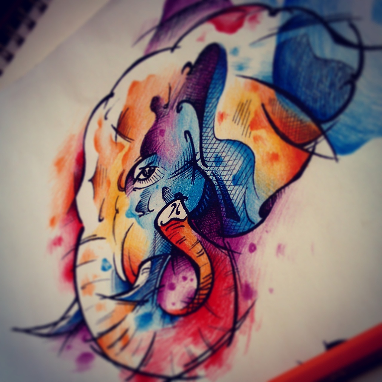 纹身手稿——水彩泼墨大象系列