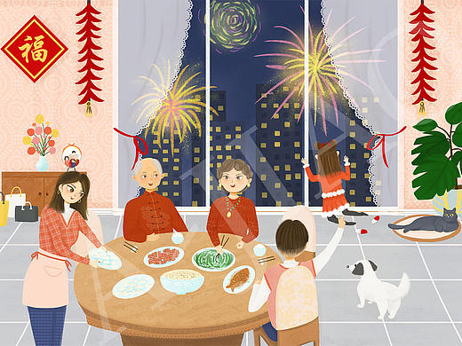 2021牛年春节团圆插画