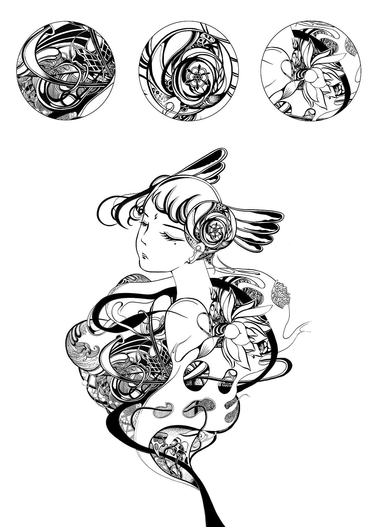 黑白插画-禅绕画思