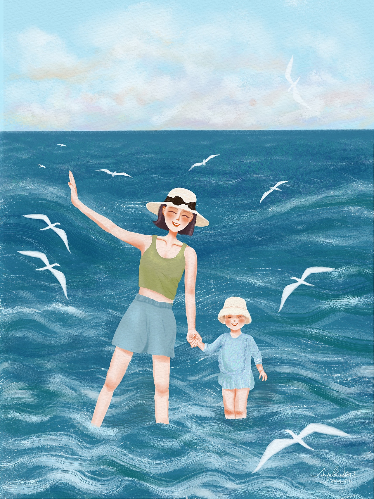 母女海边海报（图ZMjYyNDEwNTMy） - 儿童插画 - 站酷设计师长生婳子原创素材 - 站酷ZCOOL