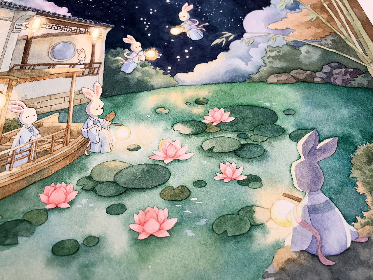 到暑假就想画点以夏夜为主题的插画,江南园林中国风哦～(下面有具体的