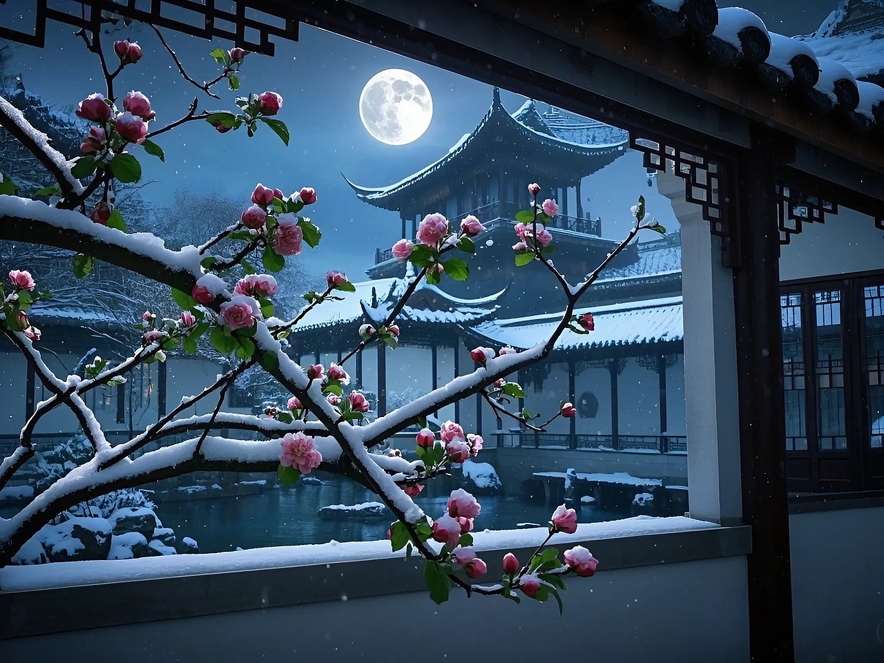 《雪映苏园海棠梦,清夜幽姿韵无穷》
