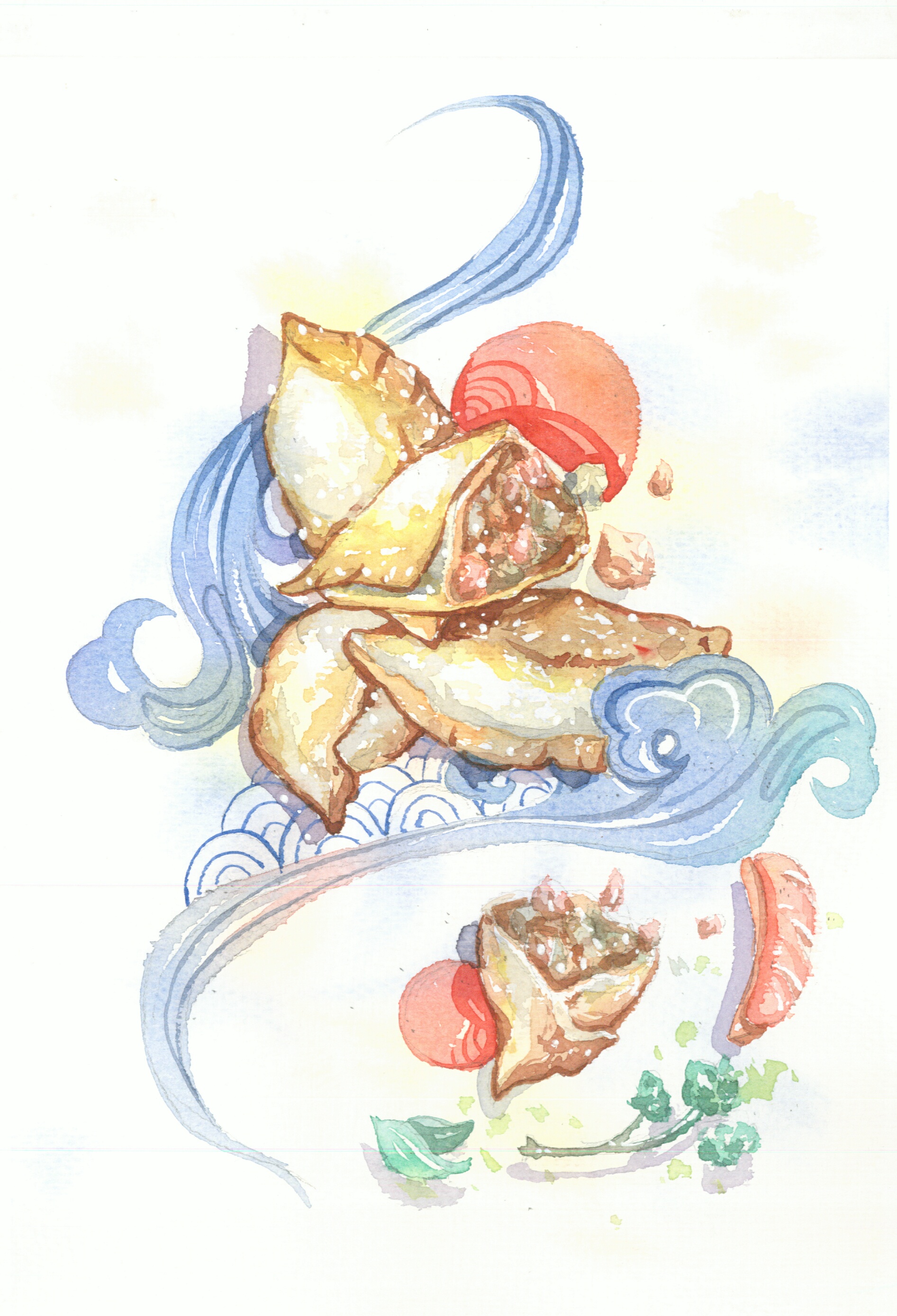 水彩手绘原创济南美食和风插画一起享受济南美味的小吃吧