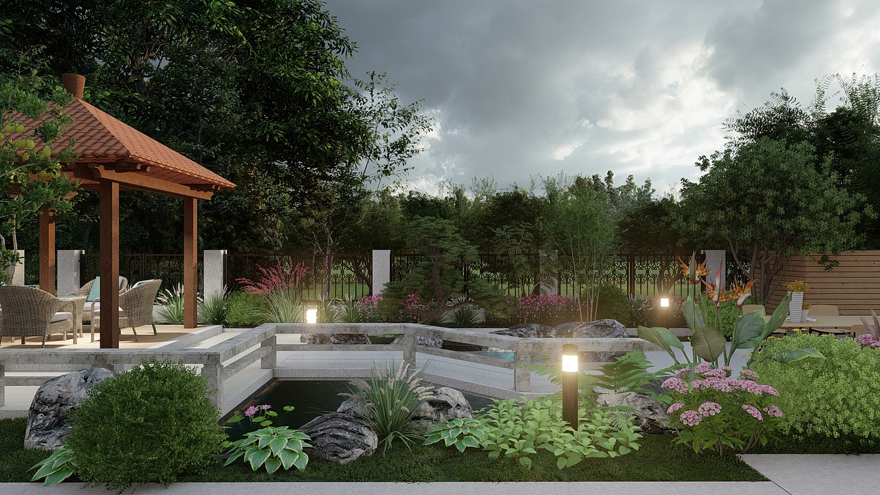 重庆渝北300平现代中式花园纯设计