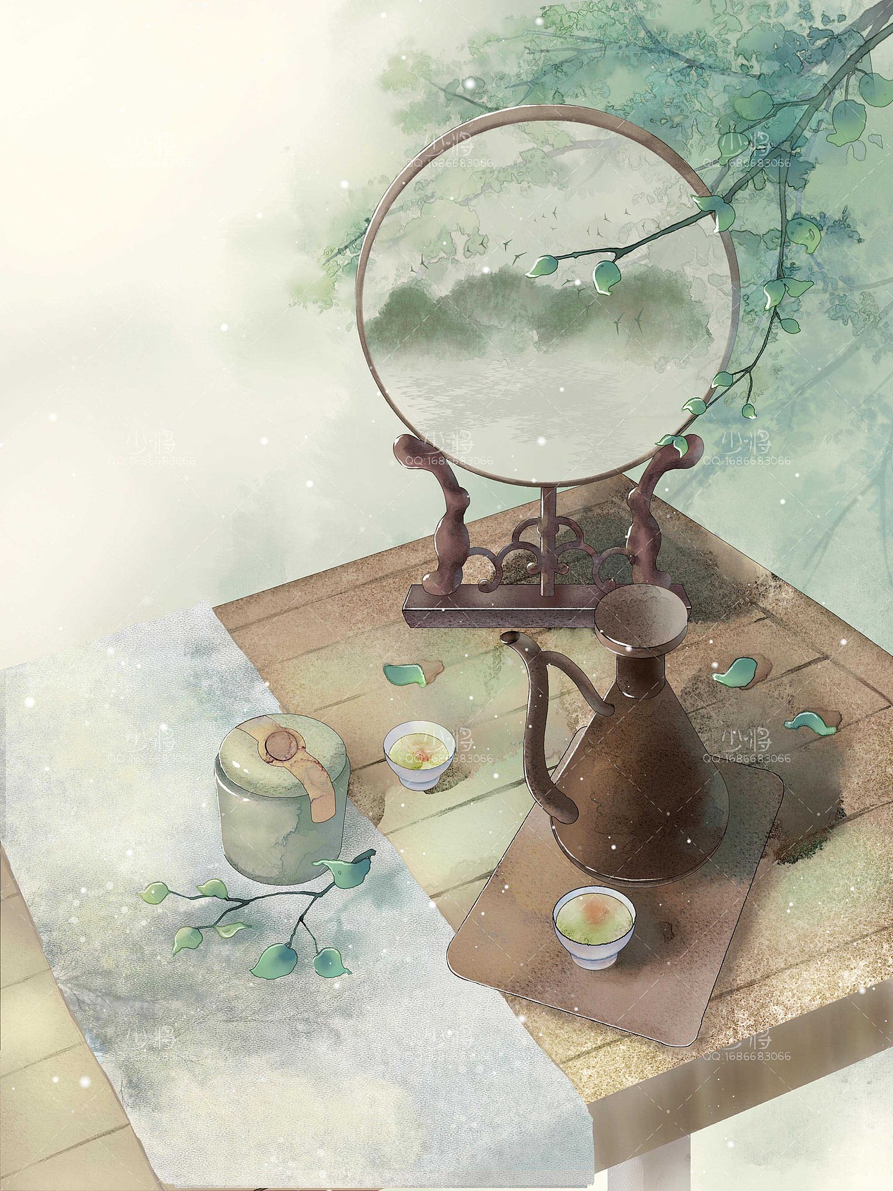 古风水墨静物插画