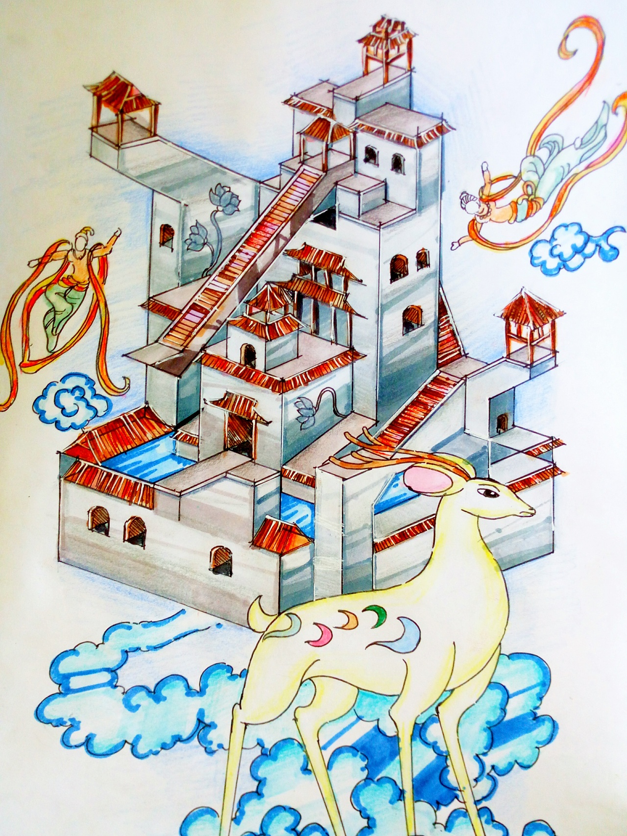 鸣沙山莫高窟中的纪念碑塔|插画|商业插画|大党 - 原创作品 - 站酷