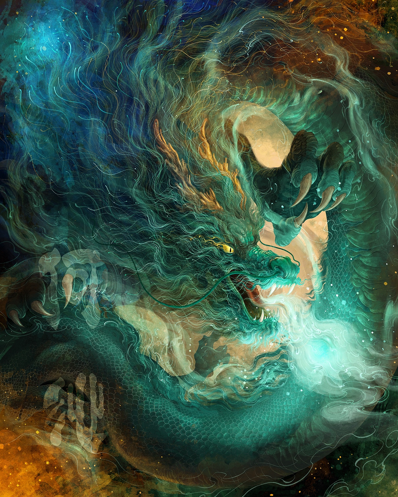 四大神兽插画:青龙,白虎,朱雀,玄武