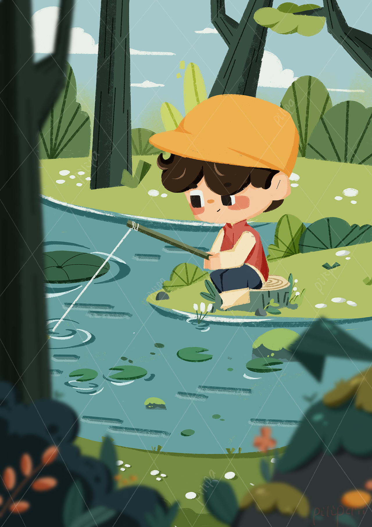 等呀等，
依旧没有鱼儿上钩。<br>突然感觉到了鱼竿在动是不是有鱼儿上钩了?