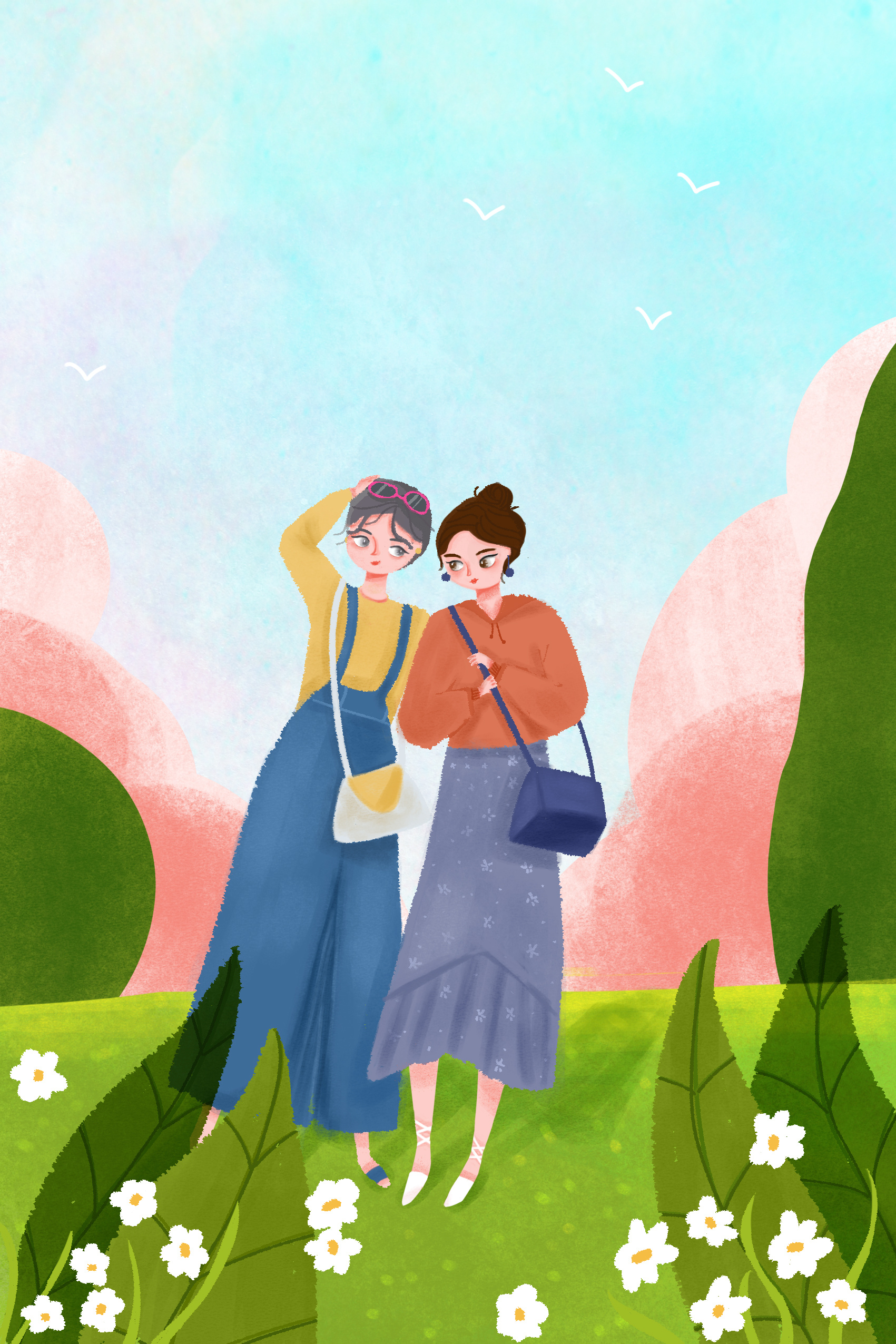 插画和闺蜜一起