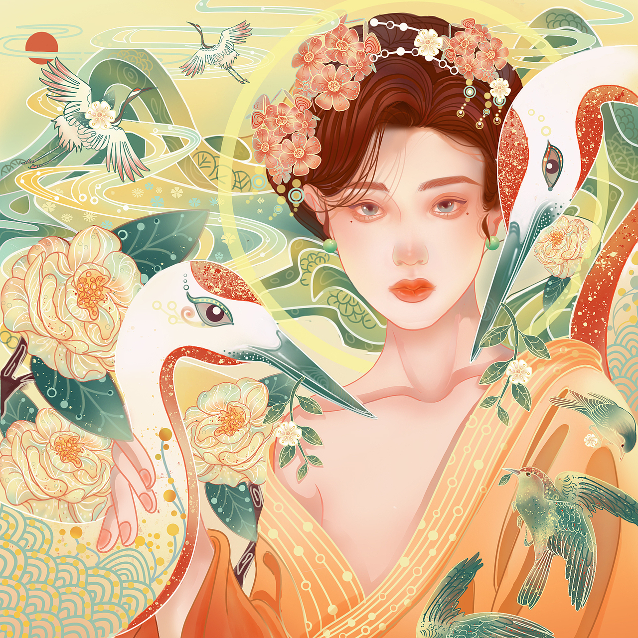 鹤归原创茶叶化妆护肤酒类自然包装插画