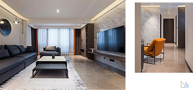 大理石电视墙装上一个悬空的木质面板,台面上两侧分别摆着一个白色和一个金色的极简线条造型的摆饰品,让空间显得时尚而又艺术感。沙发墙的挂上一个简约风格的圆形饰品,边缘的金属线条突出轻奢质感。