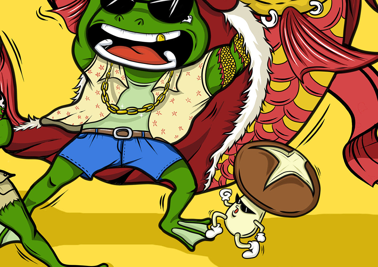 莎蛙迪咖美蛙鱼头餐饮品牌插画